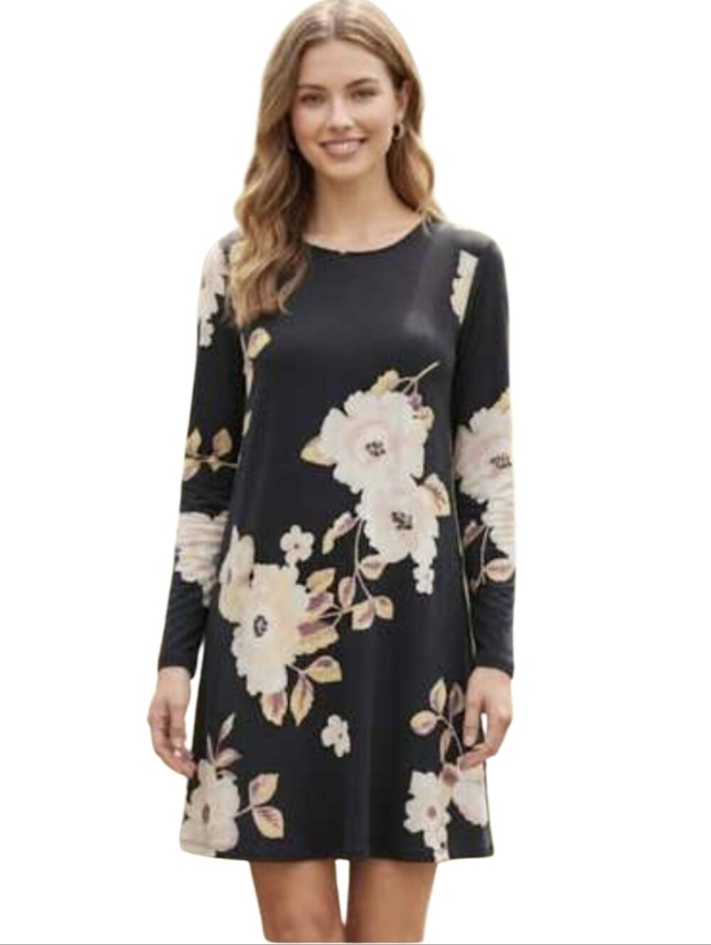 #K142 Black Floral Long-Sleeve Shift Dress - Elegant Everyday